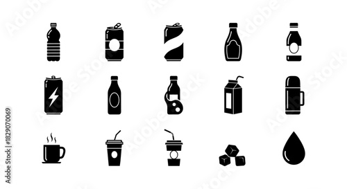 Silhouette beverage icons collection: soda, coffee, juice, water, tea, milk, bottles, cups