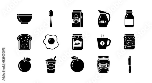 Breakfast silhouette icons: classic morning foods in black and white