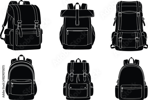 Black silhouette backpack collection, flap and zipper styles, strap variations, travel gear icon set, vector illustration, minimal design, compartments