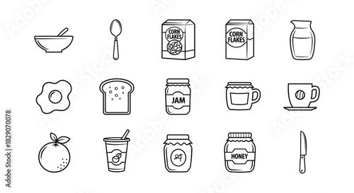 Breakfast icons collection: toast, cereal, coffee, egg, and more in outline style