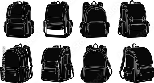 Black silhouette backpack collection, various styles, zipper pockets, flap closures, strap designs, travel gear icon set, vector illustration, minimal