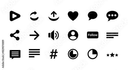 Minimalist ui icon set: play, heart, follow, share, more