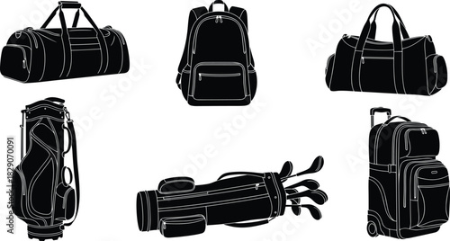 Black silhouette bag collection, duffel, backpack, golf bag, suitcase icon set, travel gear vector illustration, minimal style, white outline