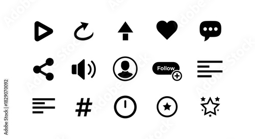Minimalist black social media icons set with heart and arrow symbols