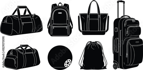 Black silhouette bag collection, duffel, backpack, tote, suitcase, drawstring, bowling ball icon set, travel gear vector illustration, minimal style