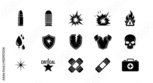 Black icon set: bullets, explosions, safety symbols in silhouette style