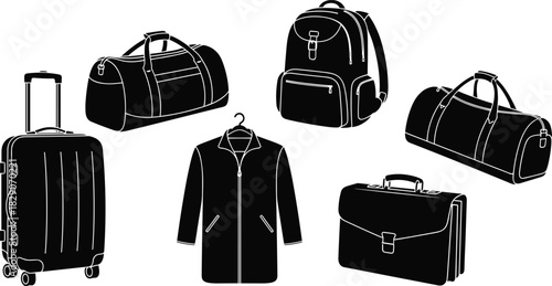 Black silhouette travel gear set, suitcase, duffel, backpack, coat on hanger, briefcase icon collection, vector illustration, minimal style