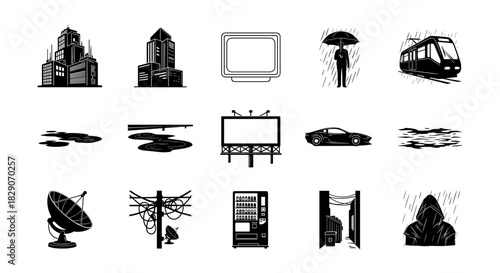 Urban silhouettes collection: cityscape, transport, and technology icons