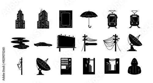 Urban silhouettes collection featuring modern buildings, technology, and transport elements
