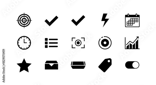 Essential black icons for digital interfaces and applications