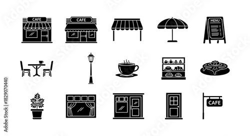Silhouette icons of cafe elements and furniture for modern design