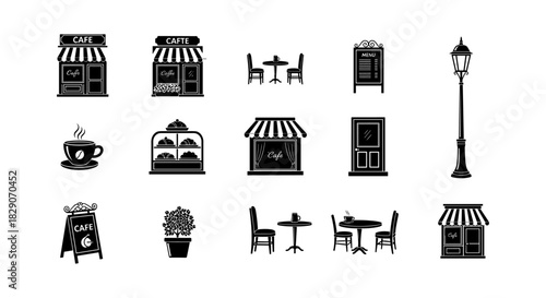 Charming cafe elements in silhouette style for cozy outdoor scenes