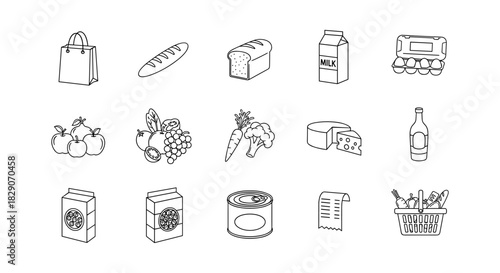 Essential grocery items icons in minimalist line art style