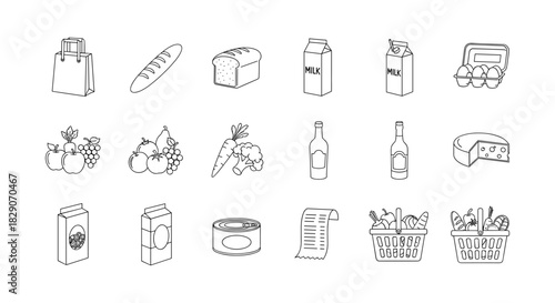 Line art icons of grocery items: bread, milk, fruit, and more essentials
