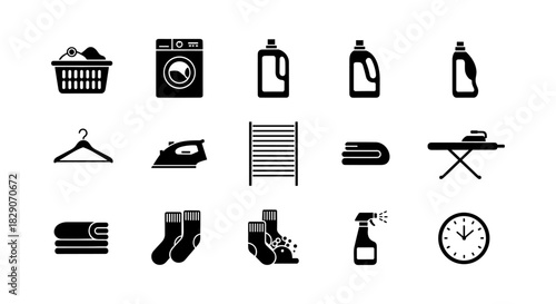 Essential laundry and cleaning icons for home chores