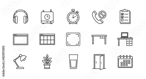 Minimalist line icons for office and productivity: time, tech, and organization essentials