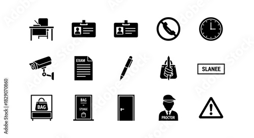 Exam security and monitoring icons set: surveillance, access control, proctoring symbols