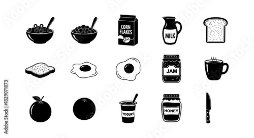 Monochrome breakfast icons: cereal, eggs, toast, and more in black and white