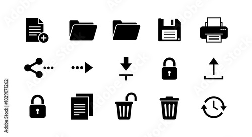Black silhouette icons of file, folder, printer, sharing, download, lock, upload, and trash