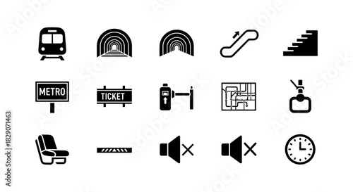 Urban transport icons set with subway, escalator, ticket, and clock symbols