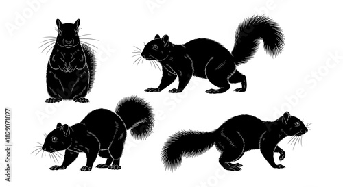 Detailed black squirrel silhouettes on white background