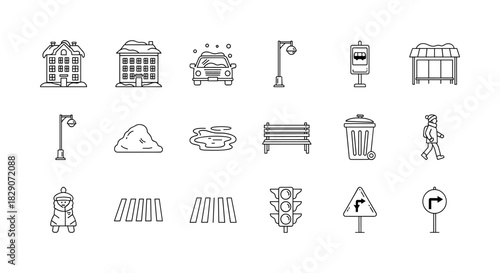 Winter urban icons collection featuring buildings, traffic elements, and seasonal activities in minimalist line style