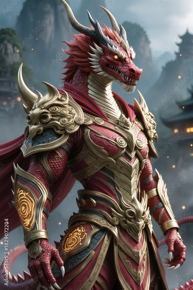 Fototapeta premium A majestic anthropomorphic dragon warrior adorned with elaborate red-and-gold armor, glowing mystical patterns, imposing stance, mythic Chinese fantasy, hyper-detailed 3D cinematic render