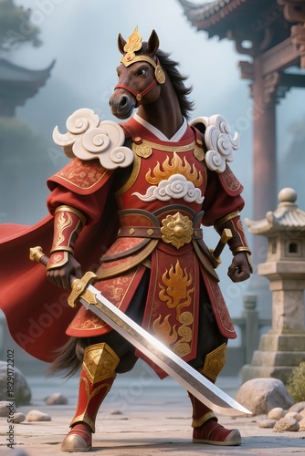 A noble anthropomorphic horse knight in lavish red-and-gold traditional Chinese armor, decorated with flowing cloud and flame motifs, dramatic pose, ultra-detailed 3D wuxia fantasy render