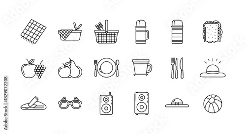 Linear picnic and summer icons set featuring food, drinks, and accessories