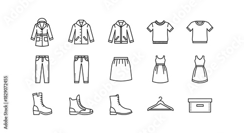Minimalist line art clothing icons: jackets, dresses, shoes, and more