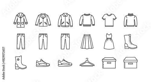 Minimalist fashion icon set featuring clothing and accessories in linear style