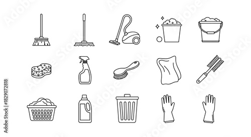 Minimalist cleaning tools line art: brushes, mops, detergents, and gloves