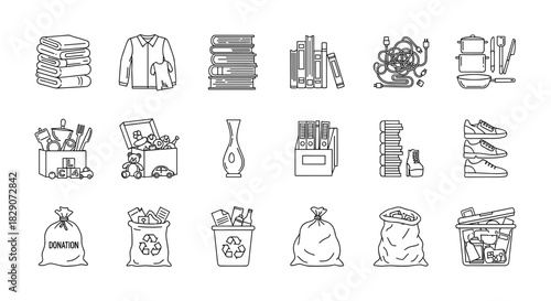 Minimalist line art of organization and recycling concepts for home and office spaces