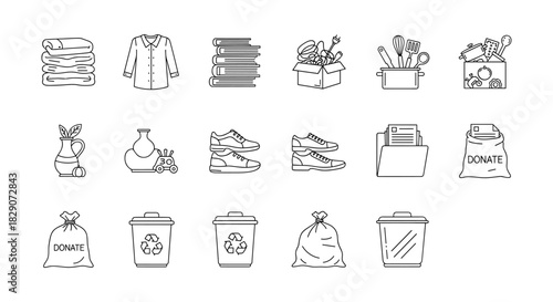 Minimalist line art icons for charity, recycling, and household organization