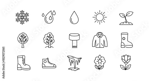Minimalist seasonal icons set featuring nature and clothing elements