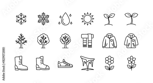 Seasonal weather and nature outline icons featuring trees and clothing
