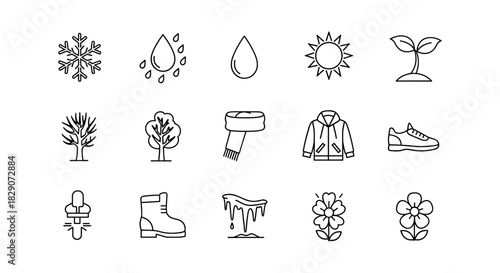 Minimalist seasonal icon set with weather and nature elements for year-round use