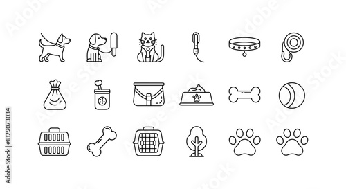 Pet care icons set: outline illustrations of dogs, cats, accessories, and essentials