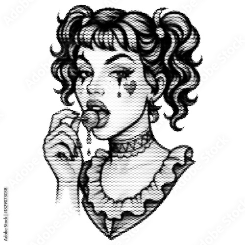 Фотография Harley Quinn vintage y2k halftone art, chaotic jester stipple brutalist retro ve