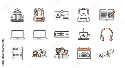 Educational essentials icons: school supplies, online learning, activities