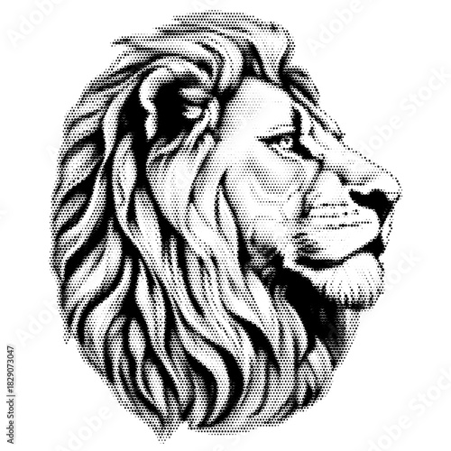 Lion head vintage y2k halftone art, fierce regal feline stipple brutalist retro vector png with transparent background, bold 2000s aesthetic photocopy effect tattoo