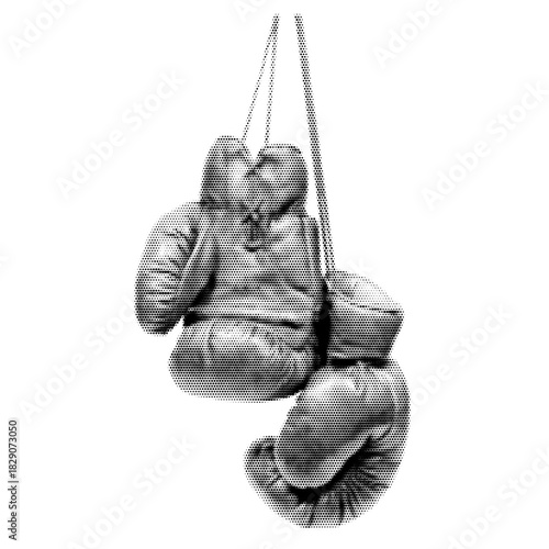 Hanging boxing gloves vintage y2k halftone art, rugged sports gear stipple brutalist retro vector png with transparent background, fierce 2000s aesthetic photocopy effect tattoo