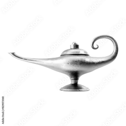 Aladdin chirag vintage y2k halftone art, magical lamp stipple brutalist retro vector png with transparent background, mystical 2000s aesthetic photocopy effect tattoo