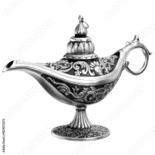 engraved Aladdin chirag y2k halftone art, ornate magic lamp stipple brutalist retro vector png with transparent background, mystical 2000s aesthetic photocopy effect tattoo