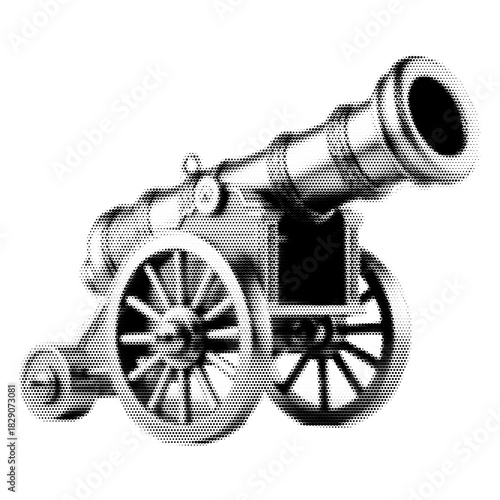 Vintage cannon y2k halftone art, antique war cannon stipple brutalist retro vector png with transparent background, historic 2000s aesthetic photocopy effect tattoo
