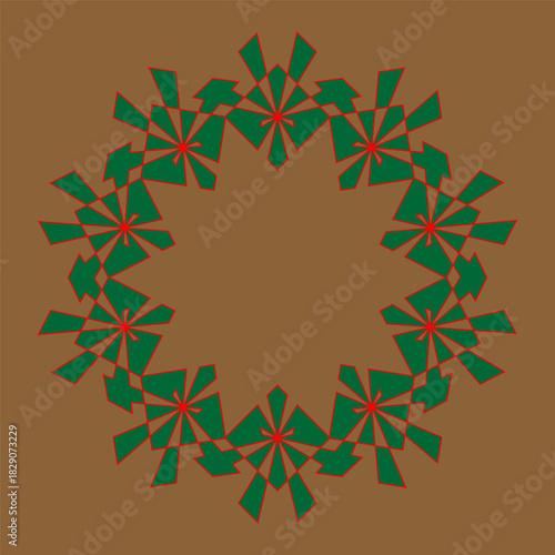 Large round frame with a pattern. Empty decorative frame for decoration. Geometric frame, Christmas wreath. Beautiful patterned round frame in black, white or green on a background. Cut File. Tattoo.