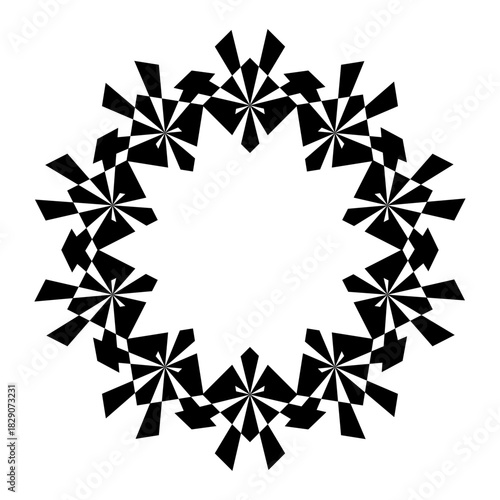 Large round frame with a pattern. Empty decorative frame for decoration. Geometric frame, Christmas wreath. Beautiful patterned round frame in black, white or green on a background. Cut File. Tattoo.