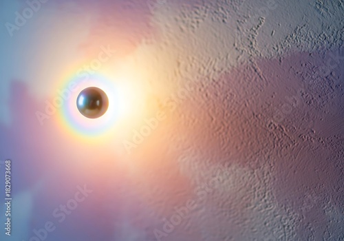 Luminous orb afloat a subtly textured surface, surrounded by soft light