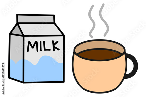 Hot coffee cup with steam and fresh milk carton vector graphic, isolated on a pure white background in flat design style.