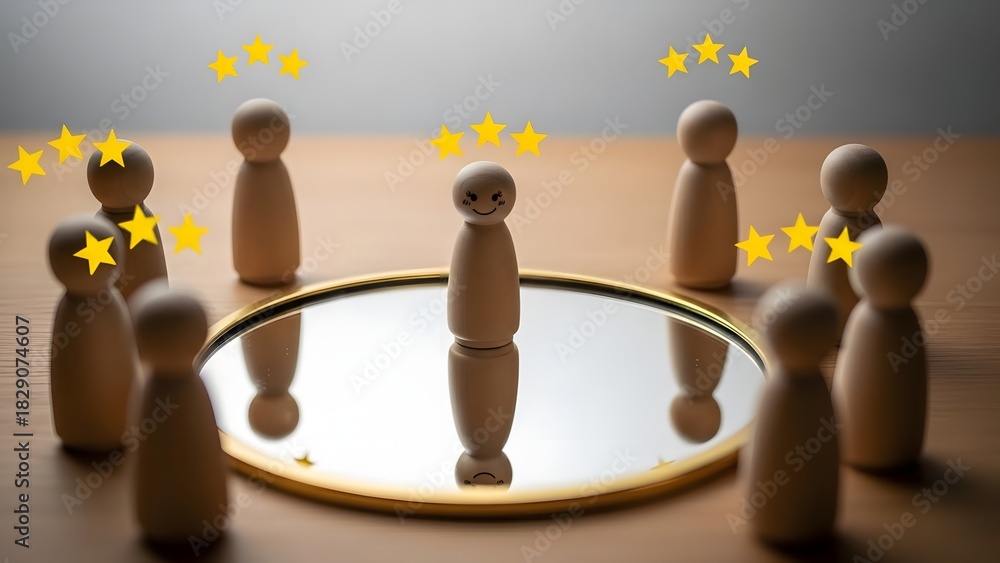 Obraz premium Wooden figures around mirror with star accents